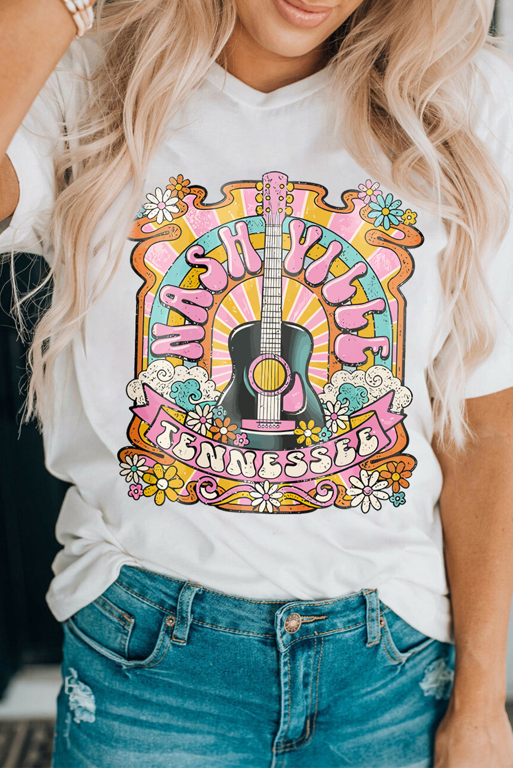 White NASHVILLE Guitar Graphic Country Music T Shirt RTS