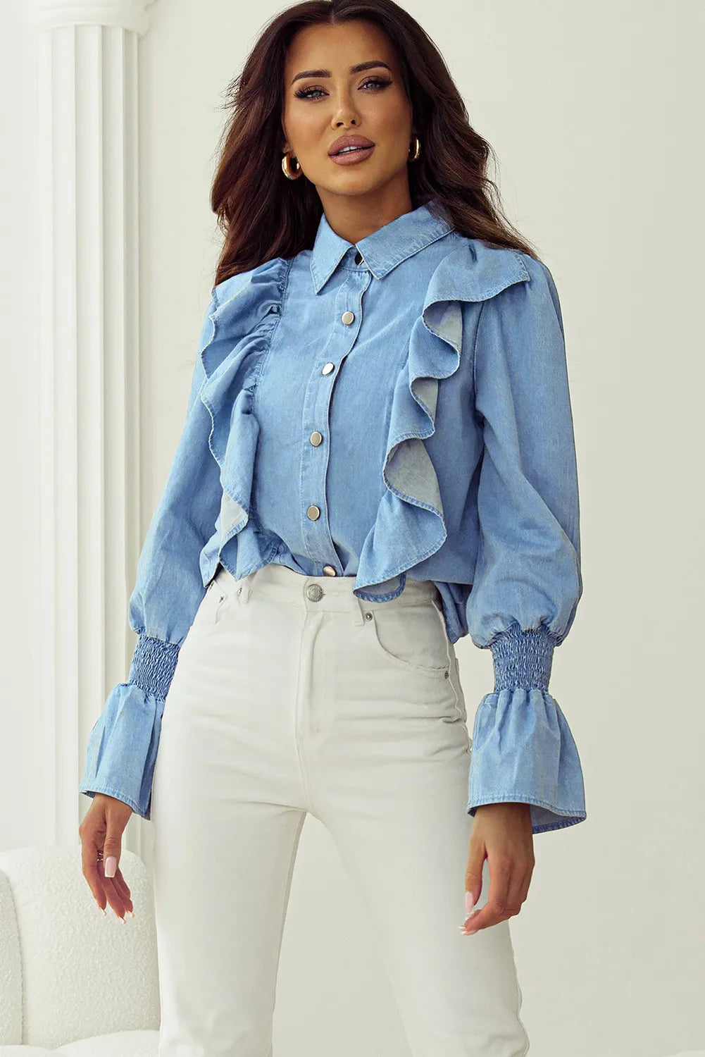 Ruffled Button Up Long Sleeve Denim Top