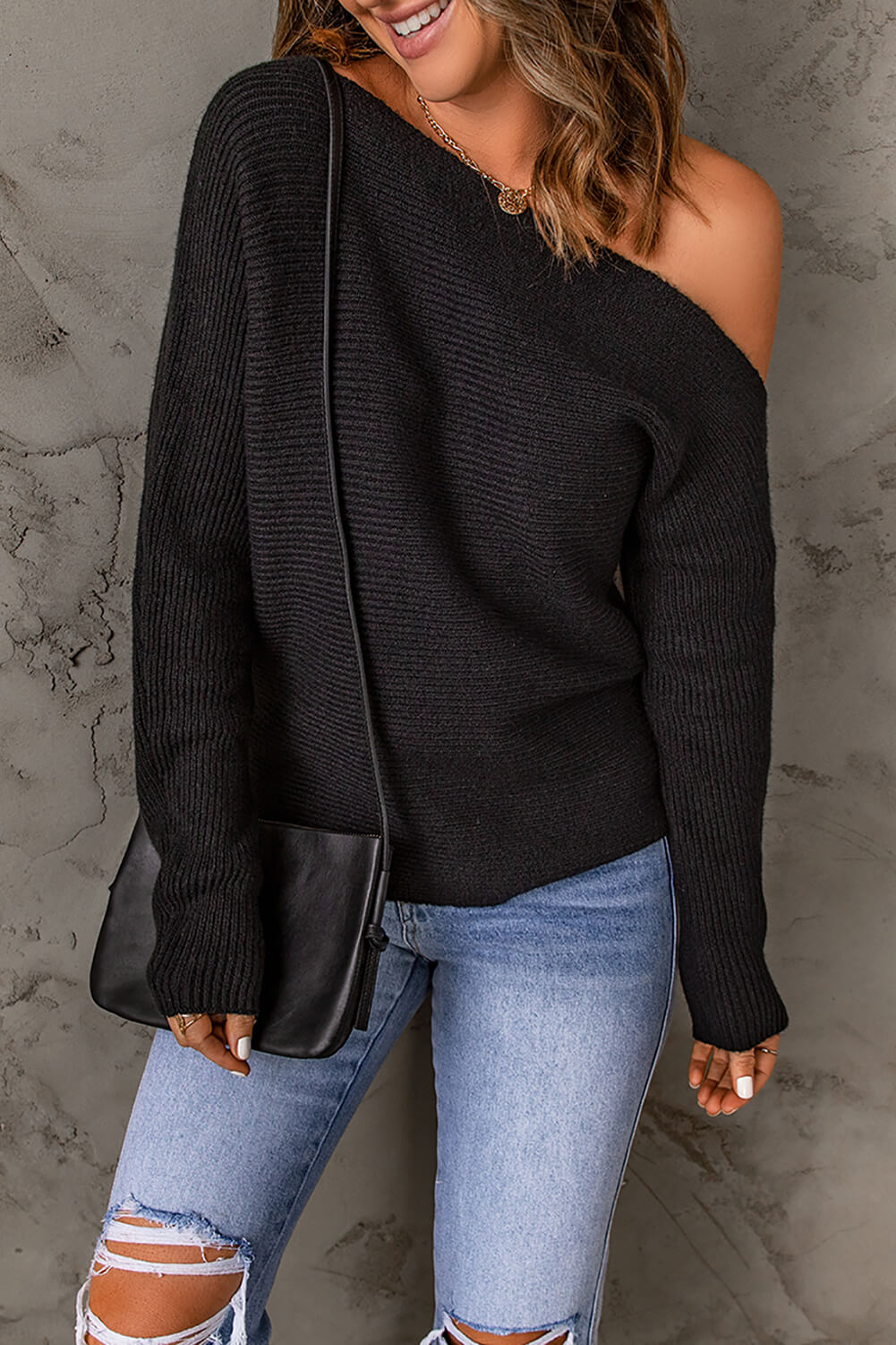 Double Take Horizontal Ribbing One-Shoulder Sweater