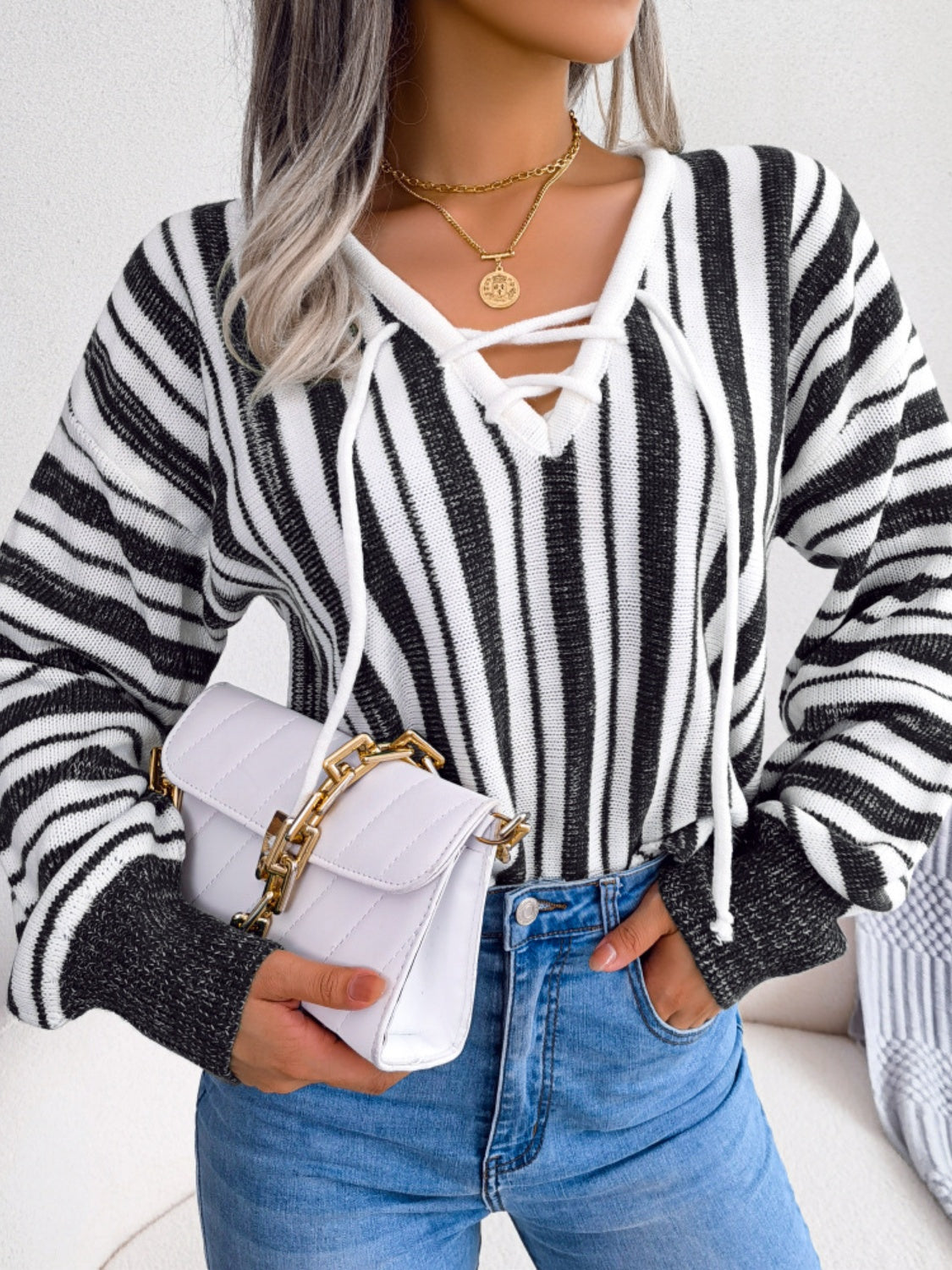 Striped Lace-Up Long Sleeve Sweater