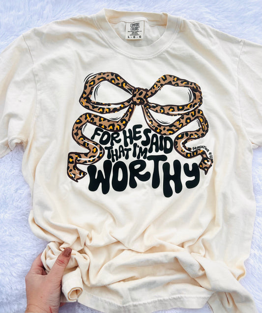 I Am Worthy Leopard Bow Graphic Tee - GILDAN