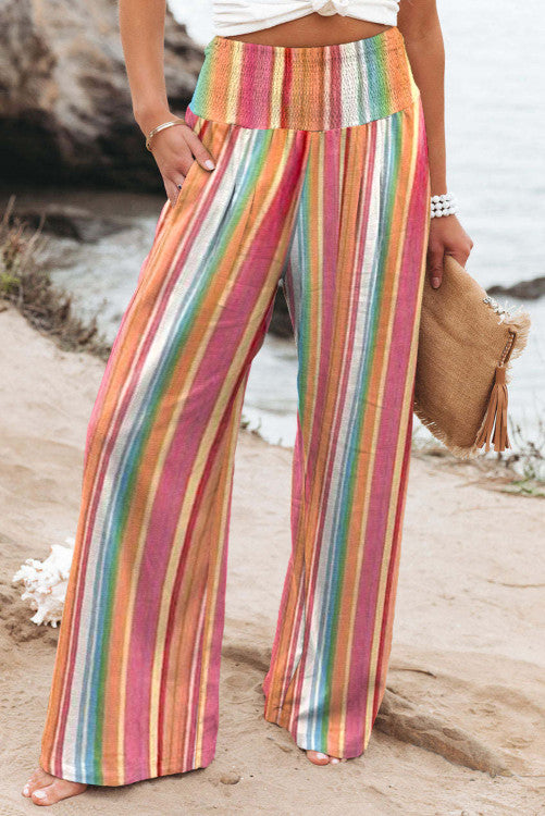 Multicolor Striped Smocked High Waist Wide Leg Pants RTS