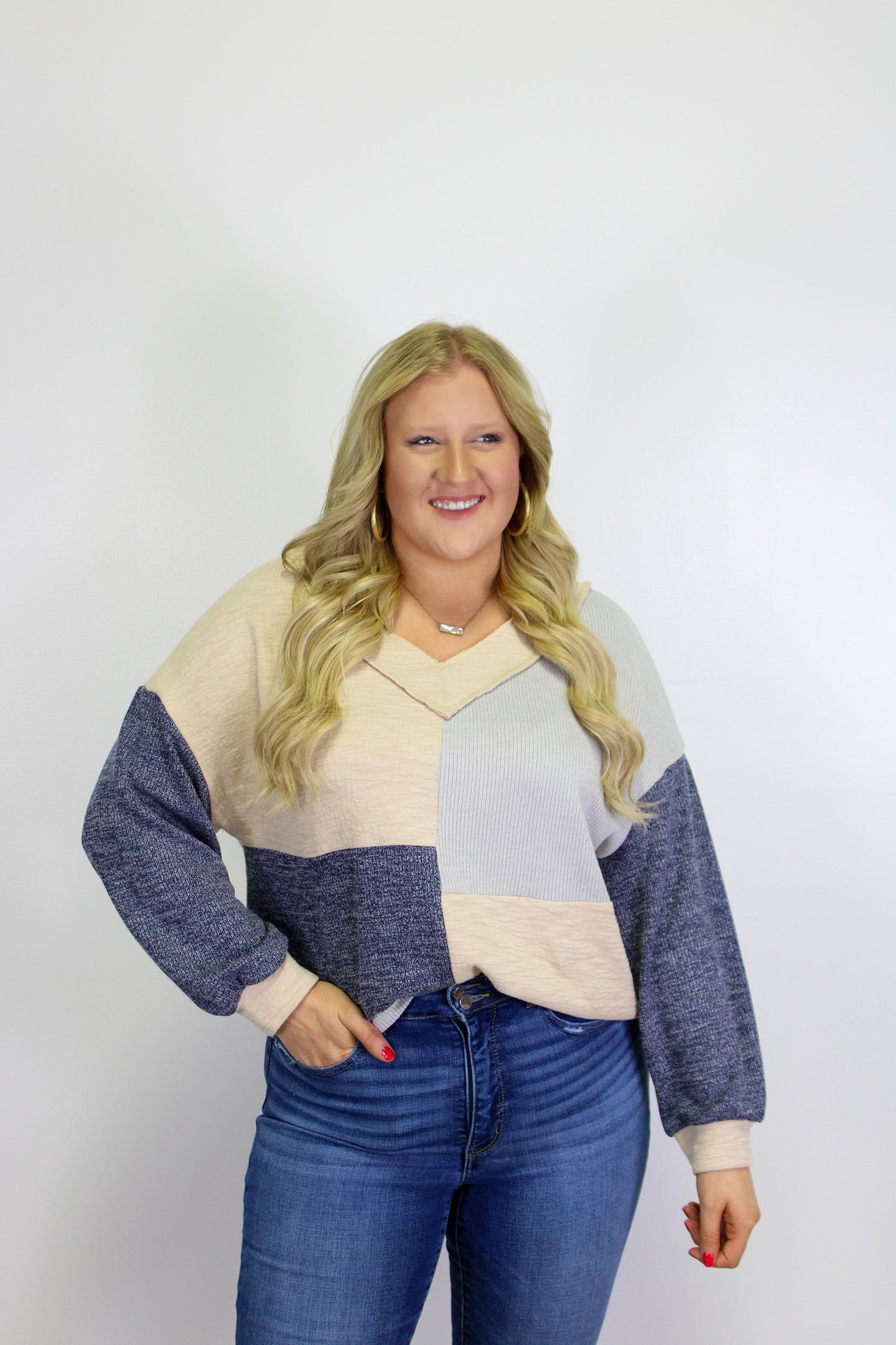 Blue Plus Size Patchwork Top RTS