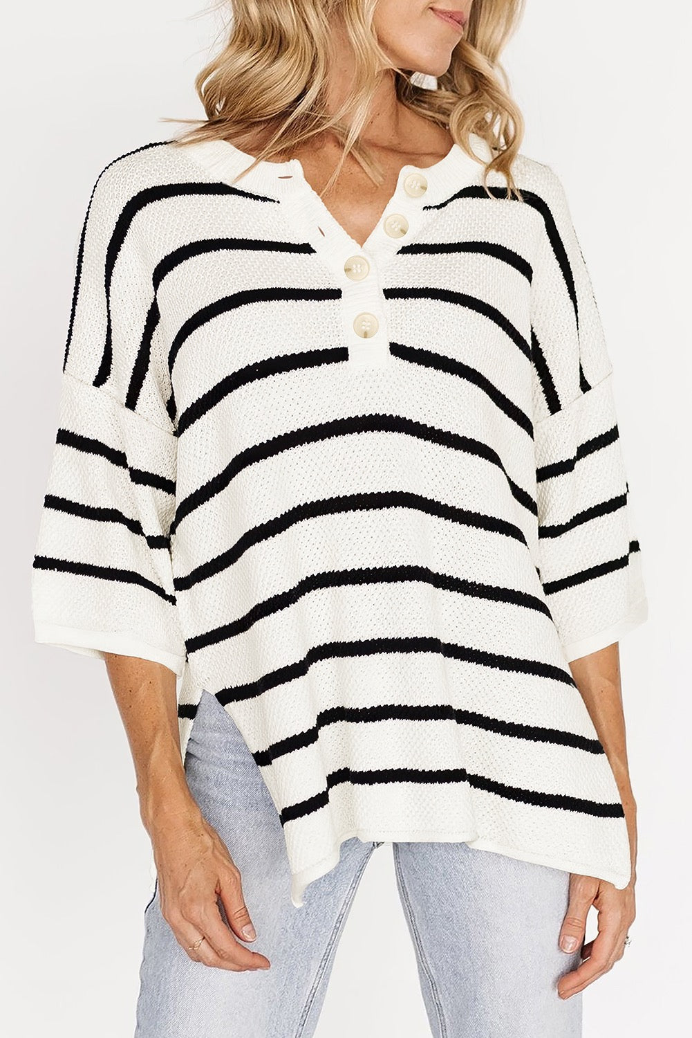 White Striped Henley Sweater Top March.