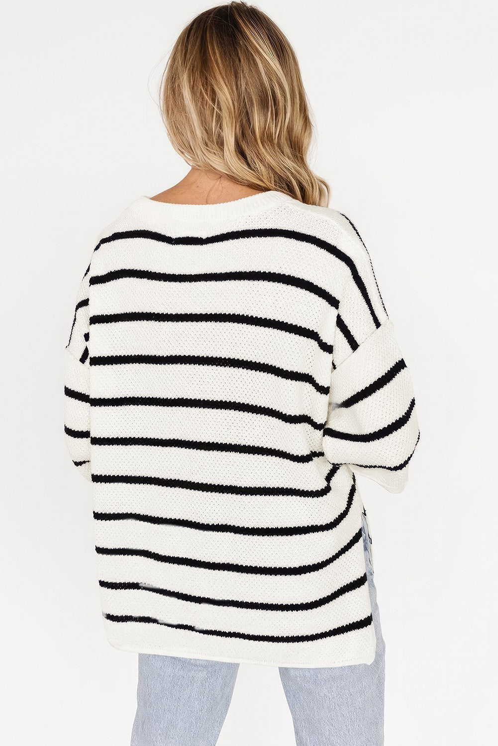 White Striped Henley Sweater Top March.