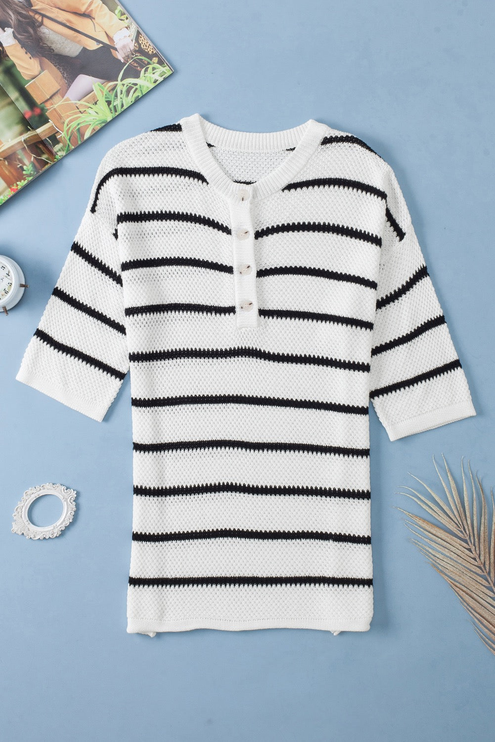 White Striped Henley Sweater Top March.