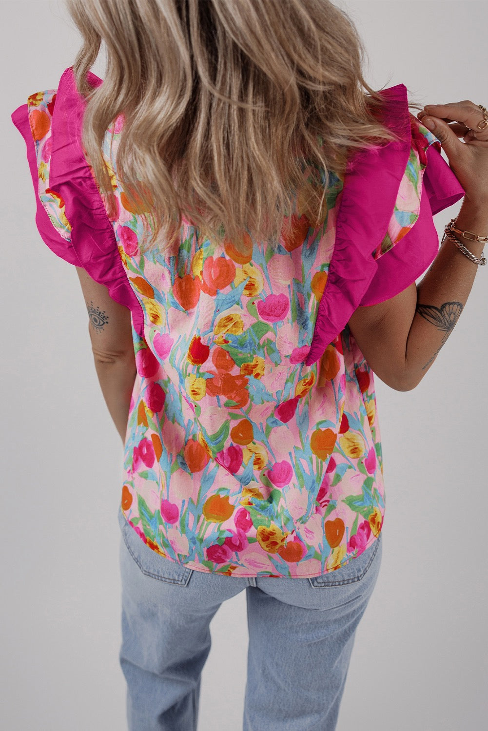 Pink Floral Flutter Sleeve Blouse March.