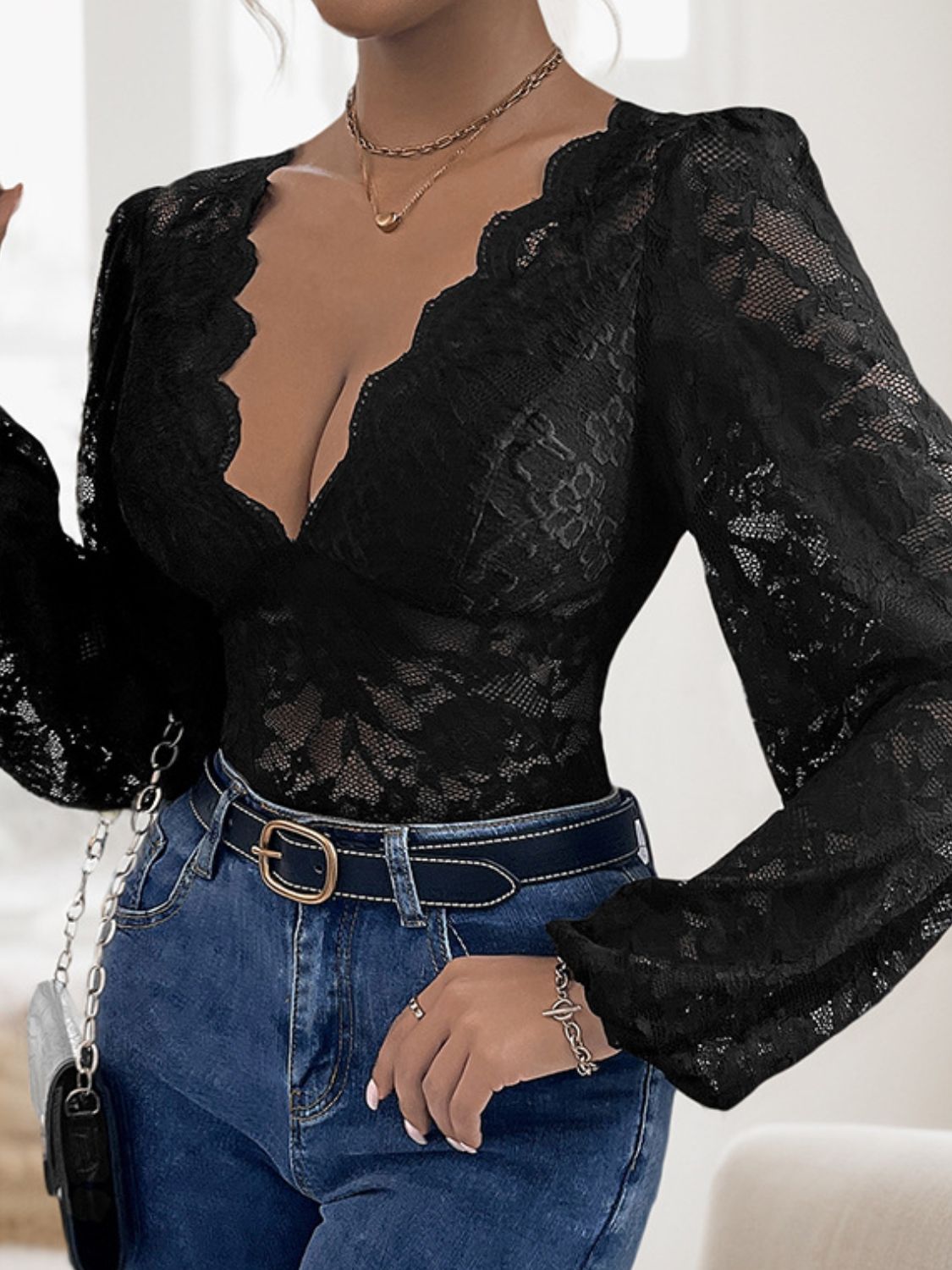 Perfee Lace Plunge Long Sleeve Bodysuit